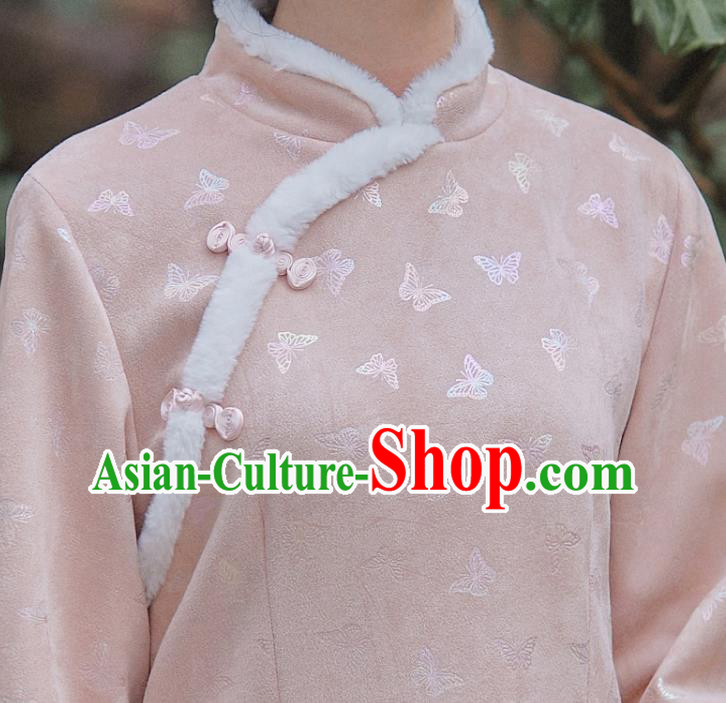 Chinese Traditional Winter Young Lady Cheongsam Clothing National Pink Suede Qipao Dress