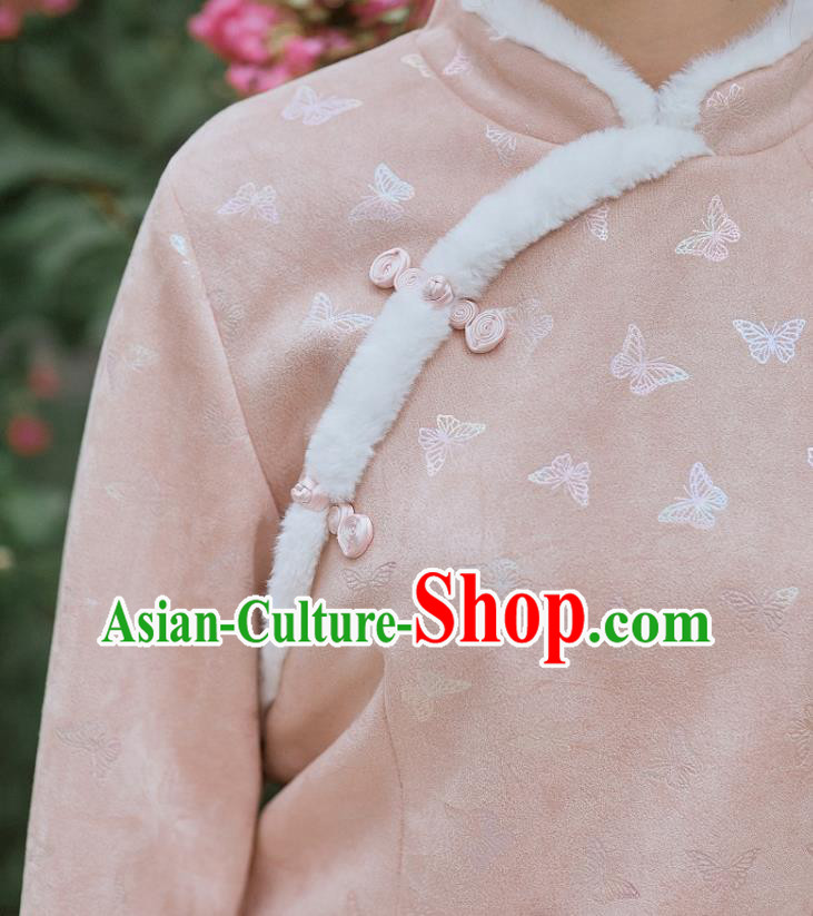 Chinese Traditional Winter Young Lady Cheongsam Clothing National Pink Suede Qipao Dress