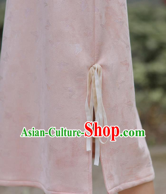 Chinese Traditional Winter Young Lady Cheongsam Clothing National Pink Suede Qipao Dress