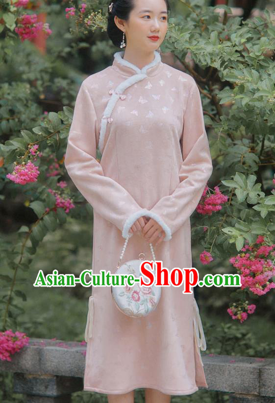 Chinese Traditional Winter Young Lady Cheongsam Clothing National Pink Suede Qipao Dress