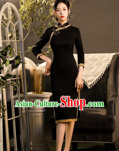 Chinese Classical Dance Women Qipao Dress Traditional Knitted Black Cheongsam