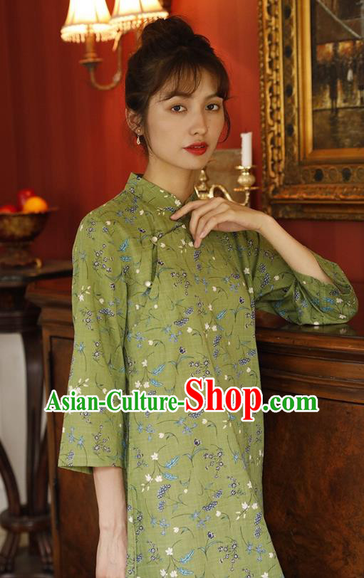 Chinese Zen Clothing Traditional Young Lady Cheongsam National Green Flax Qipao Dress