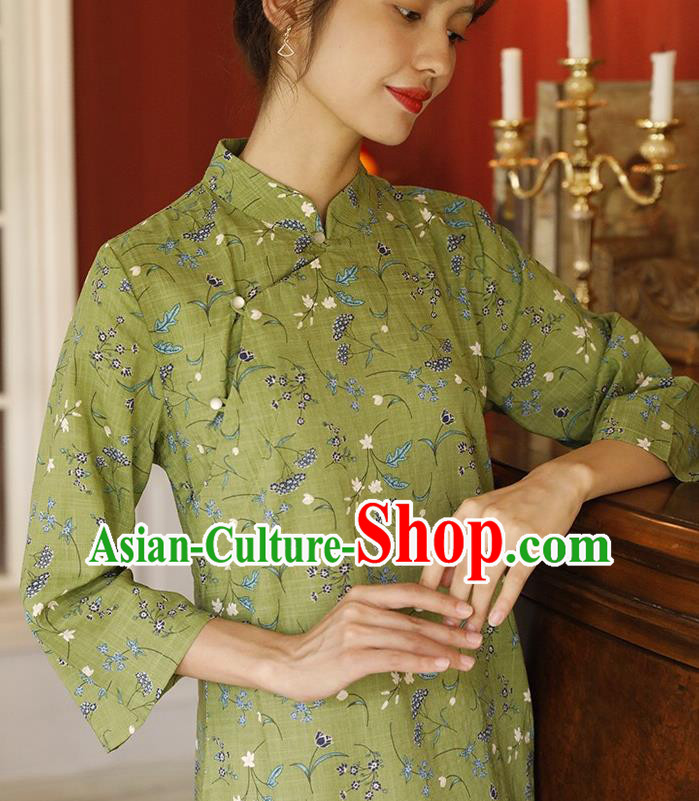 Chinese Zen Clothing Traditional Young Lady Cheongsam National Green Flax Qipao Dress
