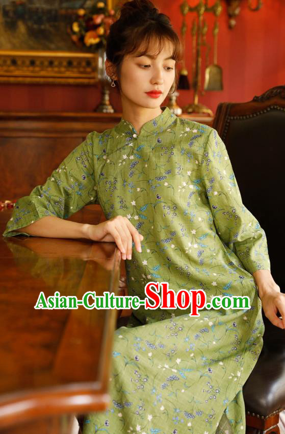 Chinese Zen Clothing Traditional Young Lady Cheongsam National Green Flax Qipao Dress