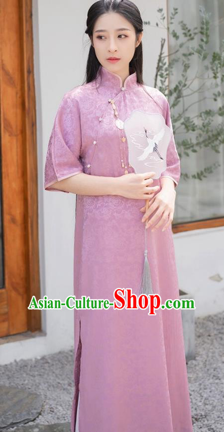 Chinese Traditional Clothing Purple Brocade Cheongsam National Young Lady Qipao Dress