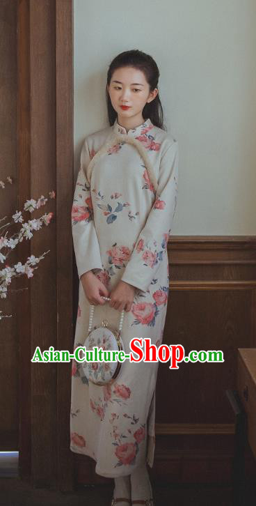 Chinese Traditional Classical Cheongsam Clothing National Printing Beige Qipao Dress
