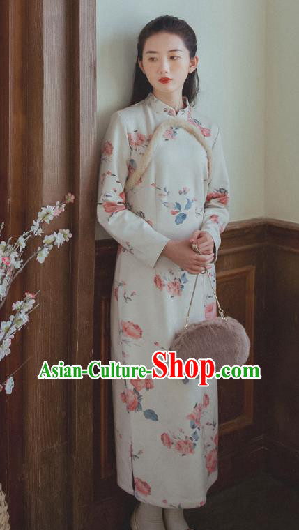 Chinese Traditional Classical Cheongsam Clothing National Printing Beige Qipao Dress