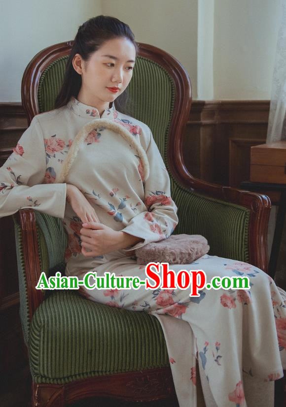 Chinese Traditional Classical Cheongsam Clothing National Printing Beige Qipao Dress