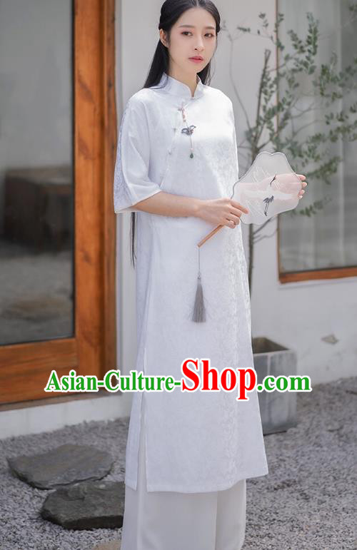 Chinese National Young Lady Qipao Dress Traditional Clothing White Brocade Cheongsam