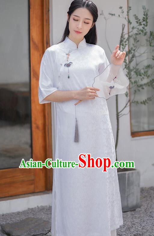 Chinese National Young Lady Qipao Dress Traditional Clothing White Brocade Cheongsam