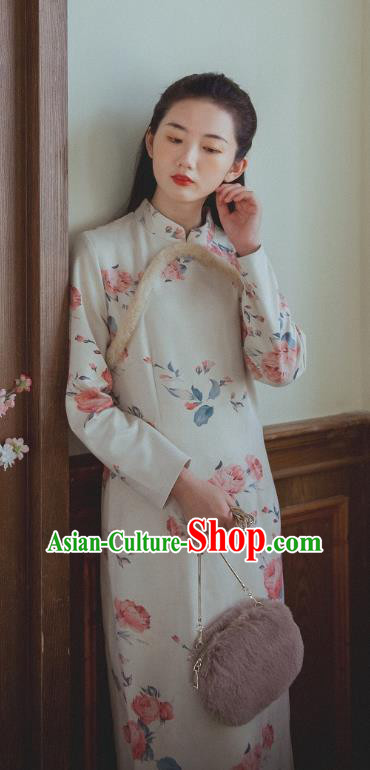 Chinese Traditional Classical Cheongsam Clothing National Printing Beige Qipao Dress