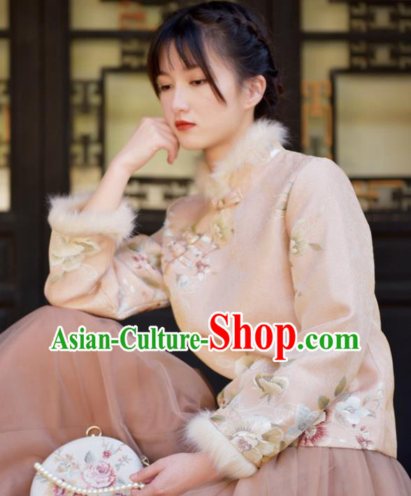 China Classical Cheongsam Upper Outer Garment Traditional Tang Suit Embroidered Beige Jacket