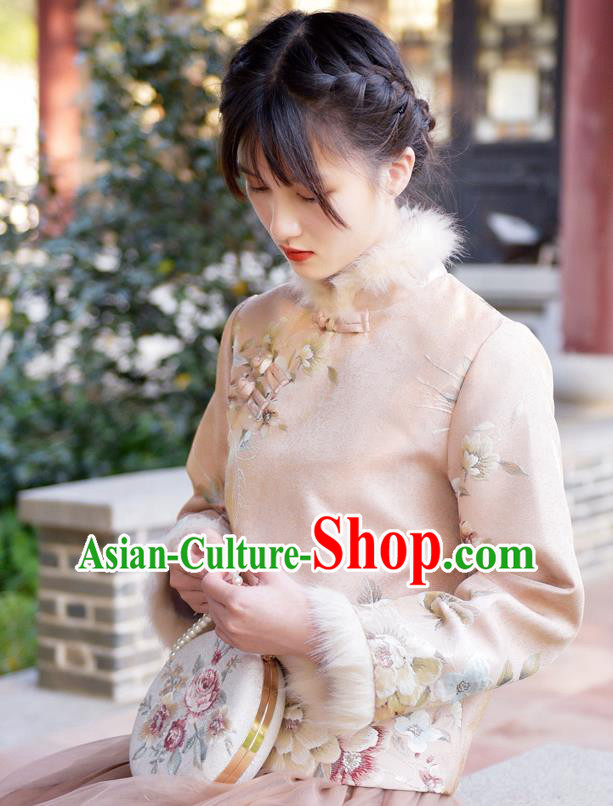 China Classical Cheongsam Upper Outer Garment Traditional Tang Suit Embroidered Beige Jacket