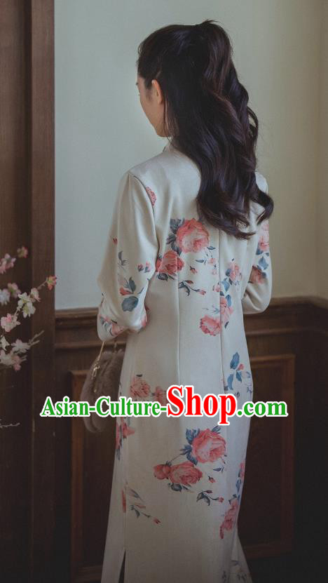 Chinese Traditional Classical Cheongsam Clothing National Printing Beige Qipao Dress