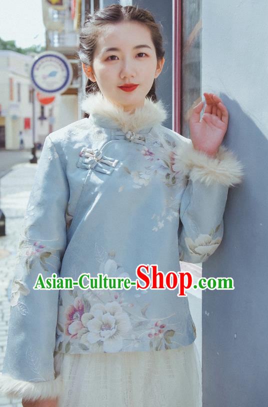 China Traditional Tang Suit Embroidered Blue Cotton Wadded Jacket Classical Cheongsam Outer Garment