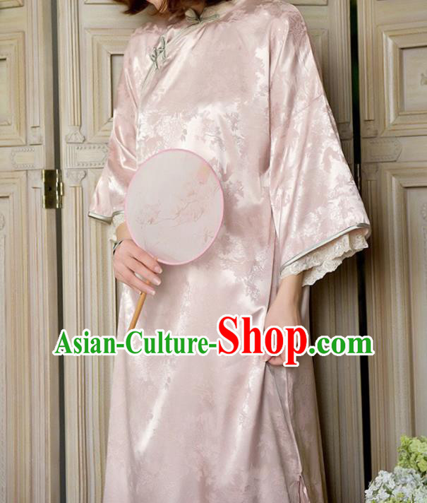 Chinese National Shanghai Beauty Qipao Dress Traditional Clothing Wide Sleeve Pink Cheongsam