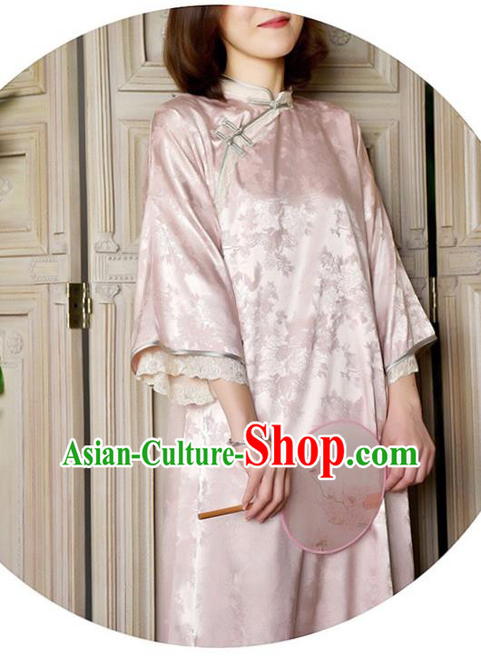 Chinese National Shanghai Beauty Qipao Dress Traditional Clothing Wide Sleeve Pink Cheongsam