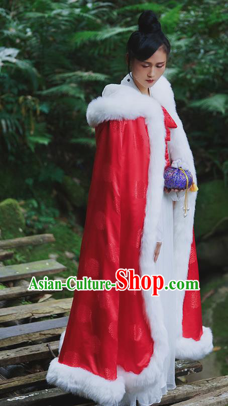 Chinese Traditional Winter Red Satin Long Cape Ancient Princess Cloak Clothing