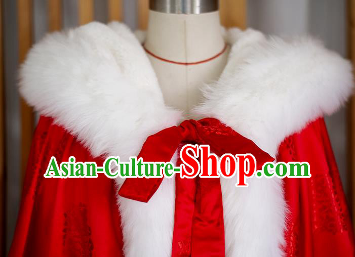 Chinese Traditional Winter Red Satin Long Cape Ancient Princess Cloak Clothing