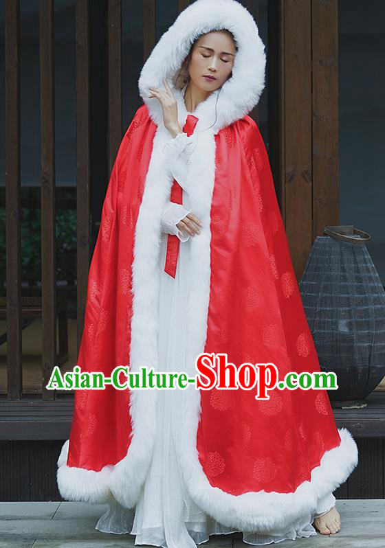 Chinese Traditional Winter Red Satin Long Cape Ancient Princess Cloak Clothing