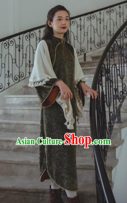 Chinese Traditional Atrovirens Velvet Cheongsam Clothing National Shanghai Woman Wide Sleeve Qipao Dress
