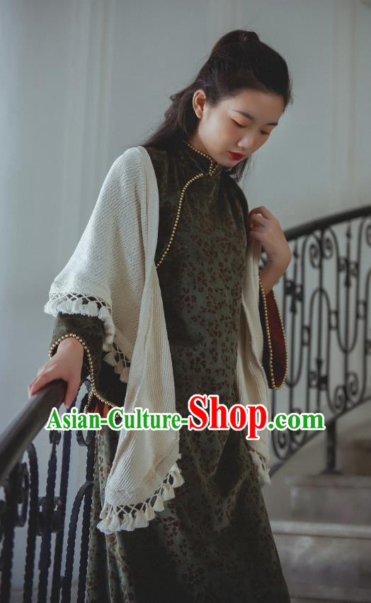 Chinese Traditional Atrovirens Velvet Cheongsam Clothing National Shanghai Woman Wide Sleeve Qipao Dress