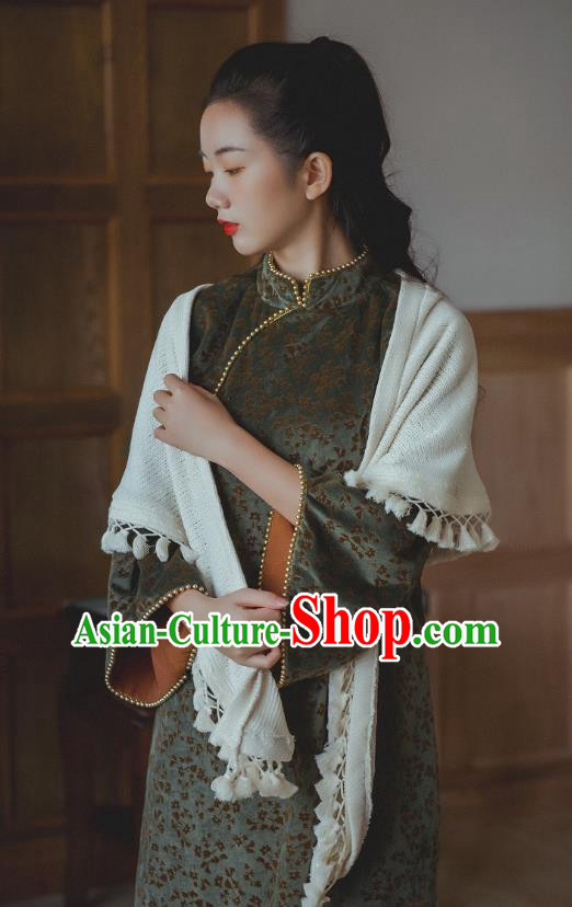 Chinese Traditional Atrovirens Velvet Cheongsam Clothing National Shanghai Woman Wide Sleeve Qipao Dress