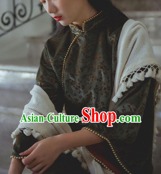 Chinese Traditional Atrovirens Velvet Cheongsam Clothing National Shanghai Woman Wide Sleeve Qipao Dress