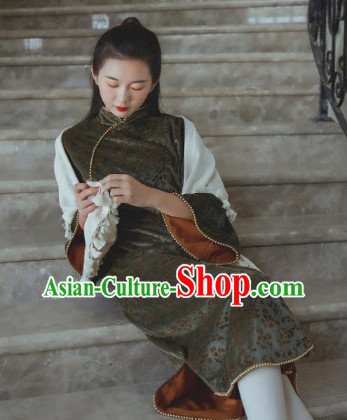 Chinese Traditional Atrovirens Velvet Cheongsam Clothing National Shanghai Woman Wide Sleeve Qipao Dress