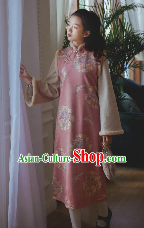 Chinese Traditional Winter Pink Woolen Cheongsam Clothing National Shanghai Lady Sleeveless Qipao Dress