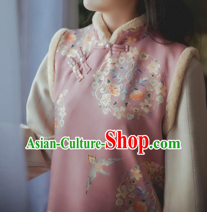 Chinese Traditional Winter Pink Woolen Cheongsam Clothing National Shanghai Lady Sleeveless Qipao Dress