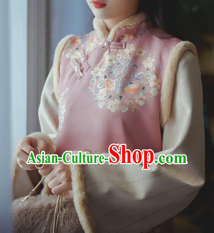 Chinese Traditional Winter Pink Woolen Cheongsam Clothing National Shanghai Lady Sleeveless Qipao Dress