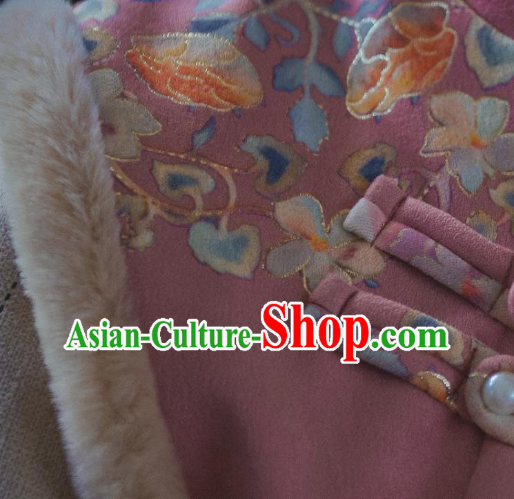 Chinese Traditional Winter Pink Woolen Cheongsam Clothing National Shanghai Lady Sleeveless Qipao Dress