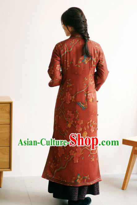 China Long Cheongsam Classical Pear Blossom Pattern Red Silk Qipao Dress