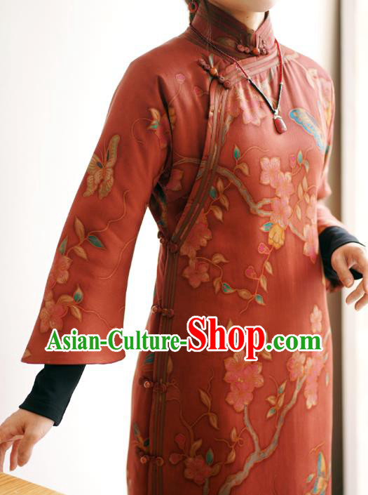 China Long Cheongsam Classical Pear Blossom Pattern Red Silk Qipao DressChina Long Cheongsam Classical Pear Blossom Pattern Red Silk Qipao Dress