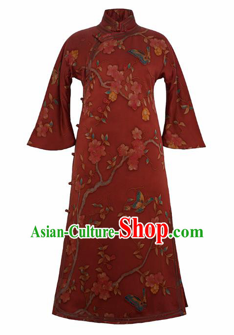 China Long Cheongsam Classical Pear Blossom Pattern Red Silk Qipao Dress