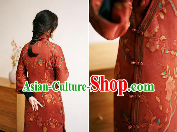 China Long Cheongsam Classical Pear Blossom Pattern Red Silk Qipao Dress