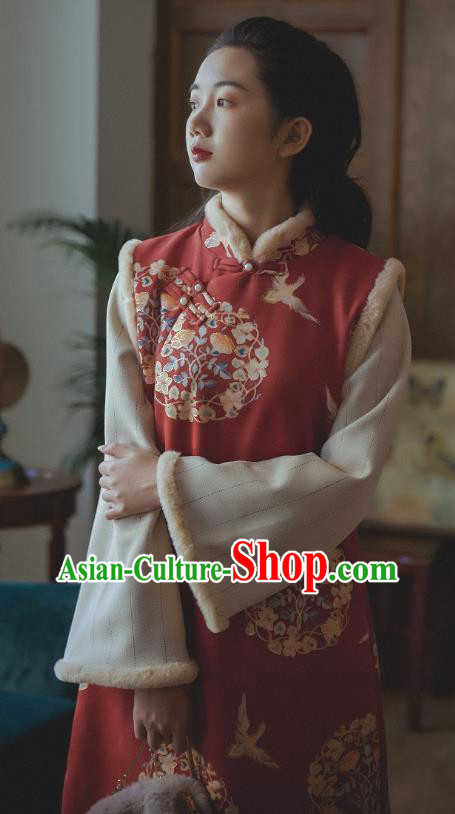 Chinese National Shanghai Lady Sleeveless Qipao Dress Traditional Winter Red Woolen Cheongsam Clothing