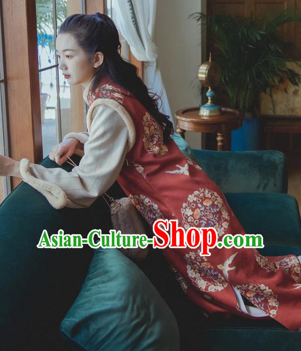 Chinese National Shanghai Lady Sleeveless Qipao Dress Traditional Winter Red Woolen Cheongsam Clothing