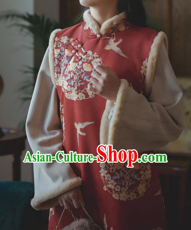 Chinese National Shanghai Lady Sleeveless Qipao Dress Traditional Winter Red Woolen Cheongsam Clothing