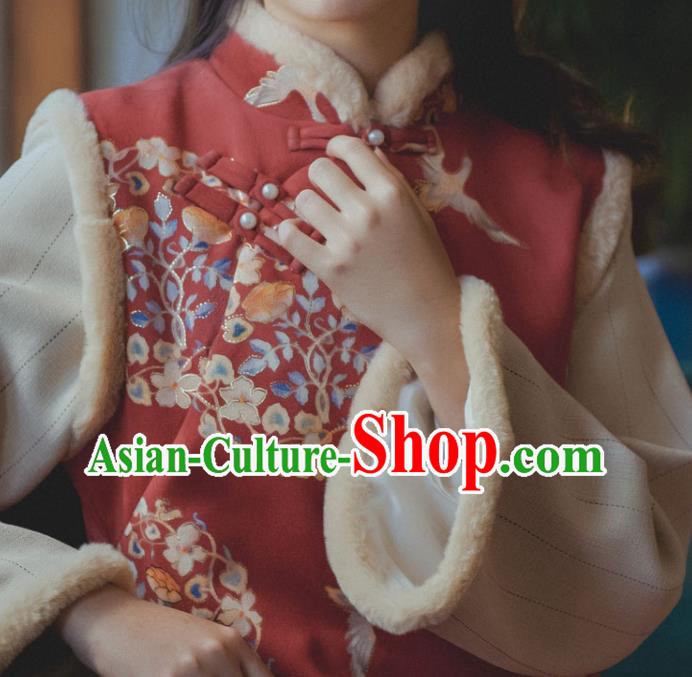 Chinese National Shanghai Lady Sleeveless Qipao Dress Traditional Winter Red Woolen Cheongsam Clothing