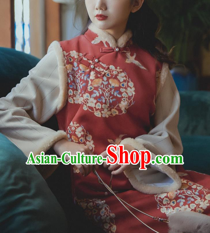 Chinese National Shanghai Lady Sleeveless Qipao Dress Traditional Winter Red Woolen Cheongsam Clothing