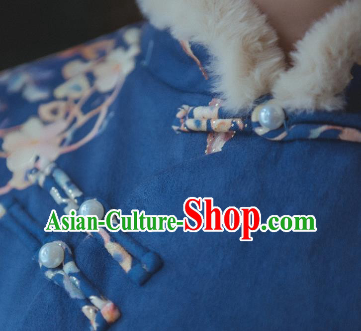 Chinese Traditional Winter Printing Blue Woolen Cheongsam Clothing National Young Lady Sleeveless Qipao Dress