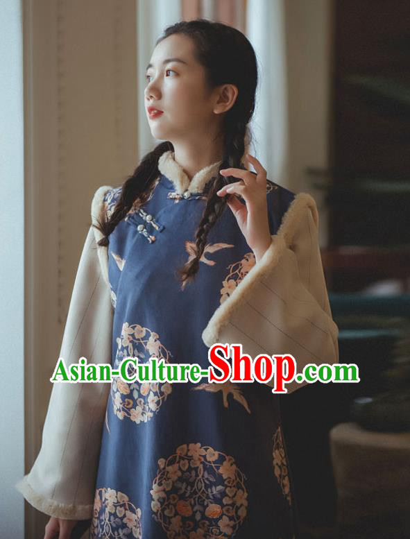 Chinese Traditional Winter Printing Blue Woolen Cheongsam Clothing National Young Lady Sleeveless Qipao Dress