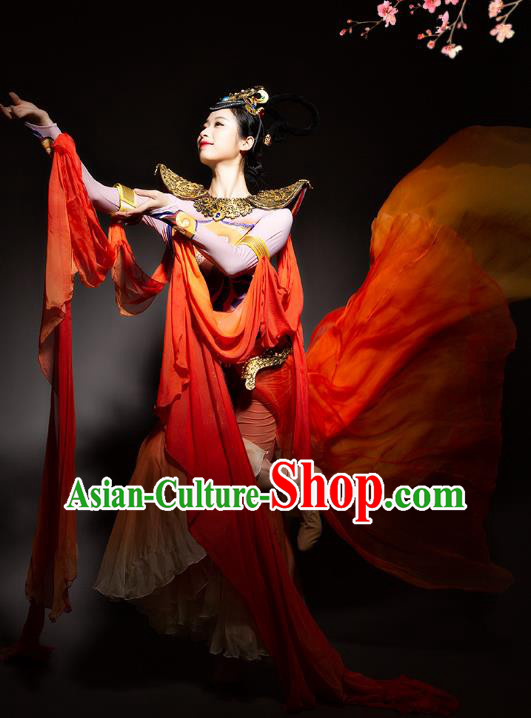 China Flying Apsaras Stage Performance Clothing Woman Classical Dance Red Outfits
