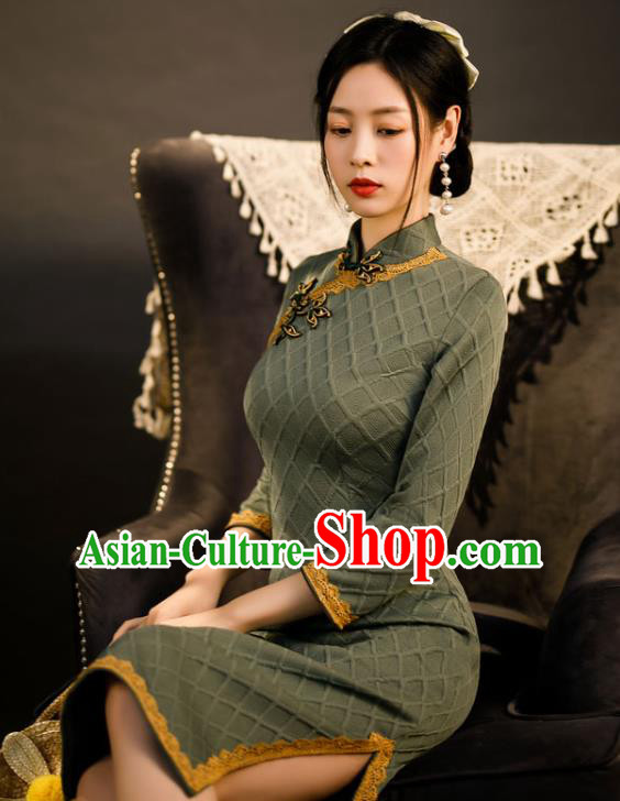 Chinese Traditional Stage Performance Knitted Green Cheongsam Classical Dance Qipao Dress