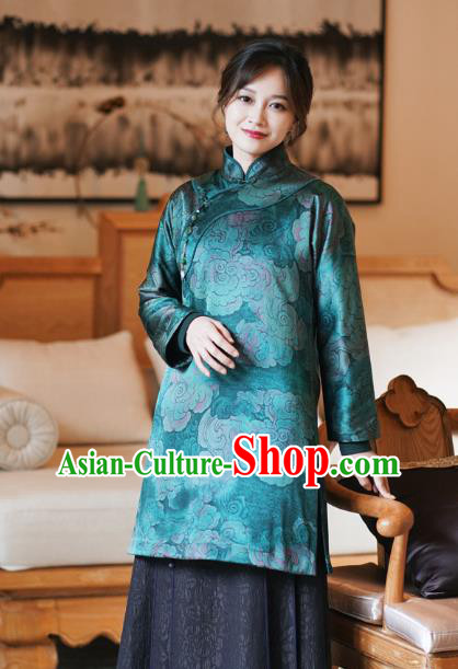 China Classical Clouds Pattern Green Silk Qipao Dress Winter Long Cheongsam