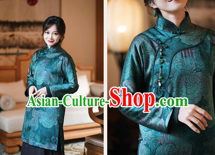 China Classical Clouds Pattern Green Silk Qipao Dress Winter Long Cheongsam