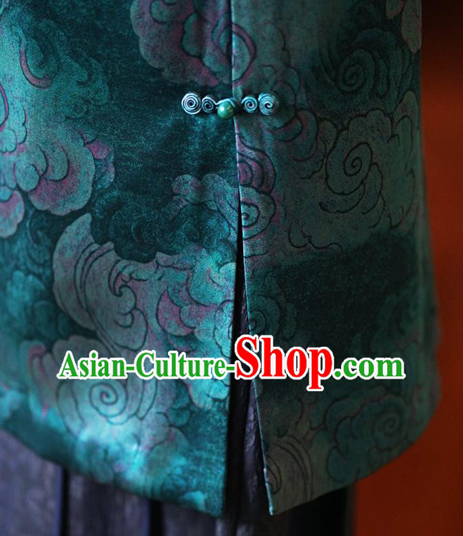 China Classical Clouds Pattern Green Silk Qipao Dress Winter Long Cheongsam