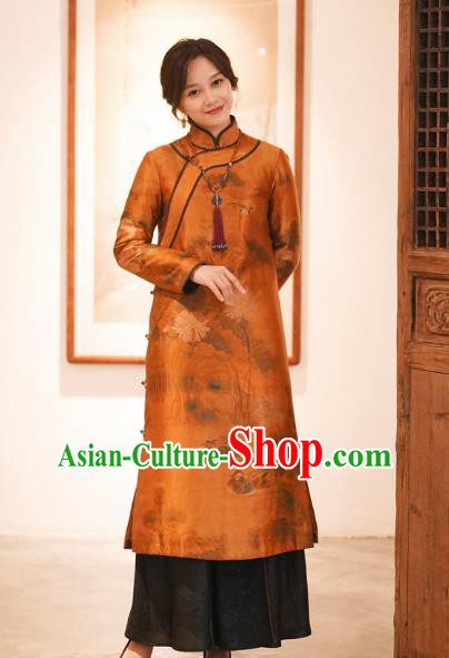 China Classical Lotus Pattern Women Long Coat Tang Suit Outer Garment National Orange Silk Dust Coat
